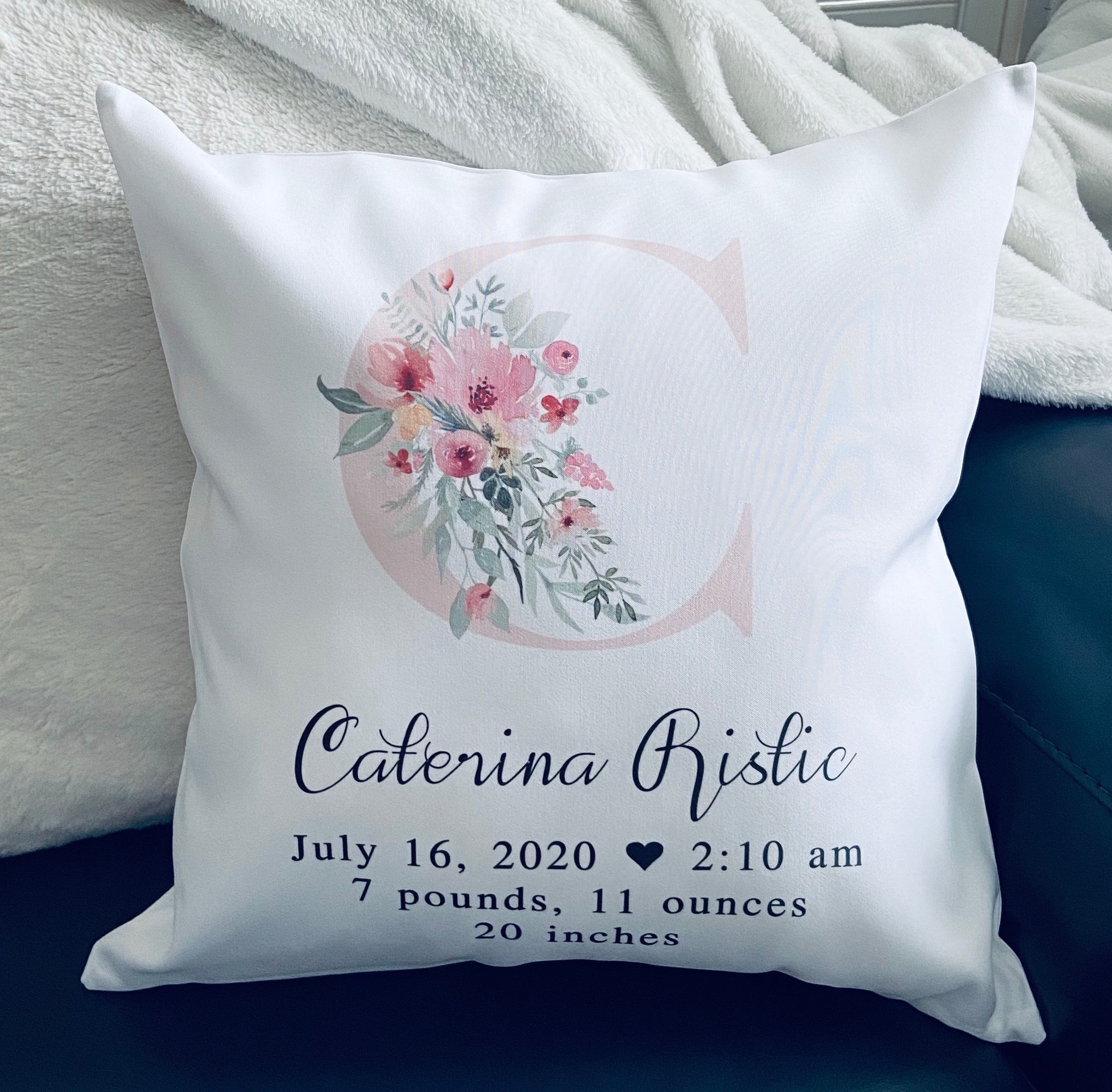 Personalized Birth Stat Pillow - Floral Initial