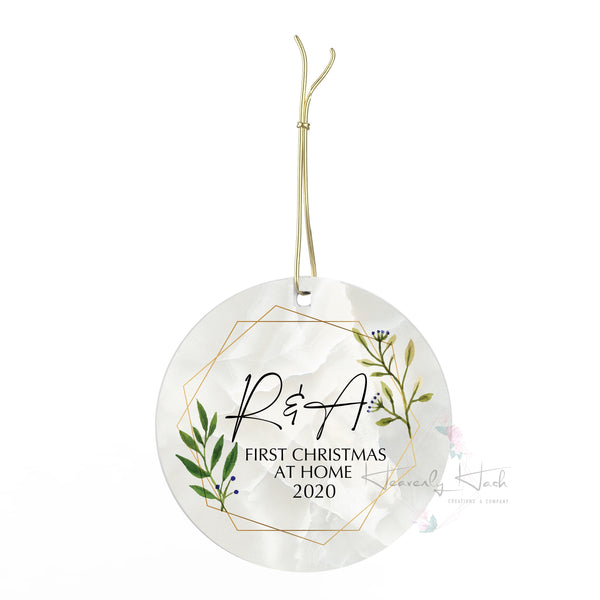 First Christmas at home with photo Round Porcelain Ornament