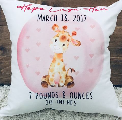 Birth Stat Pillow - Watercolor Giraffe