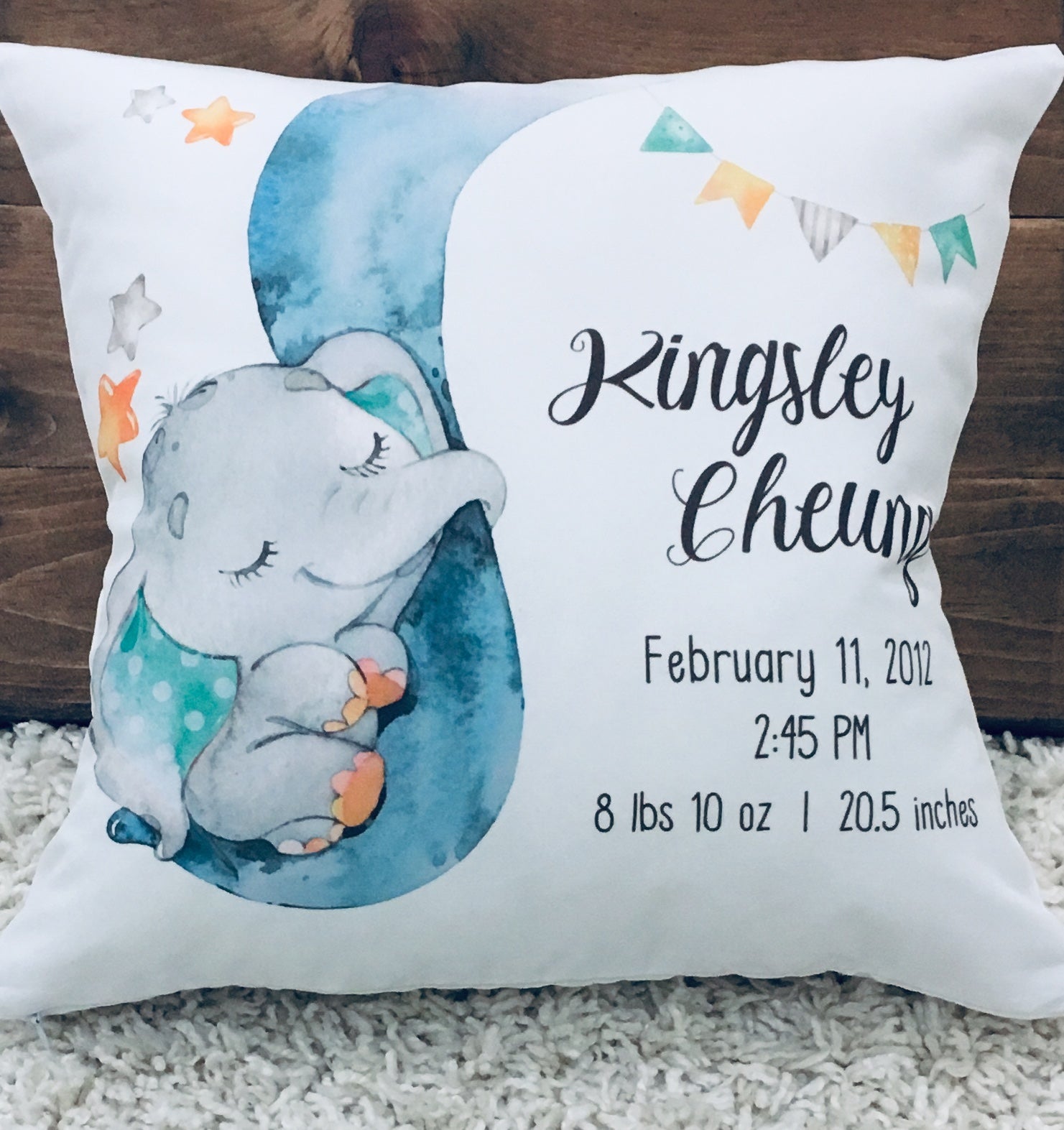 Birth Stat Pillow - Watercolor Sleeping Elephant