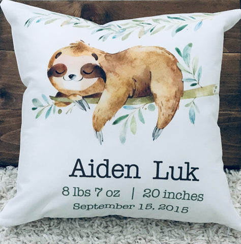 Birth Stat Pillow - Watercolor Sloth