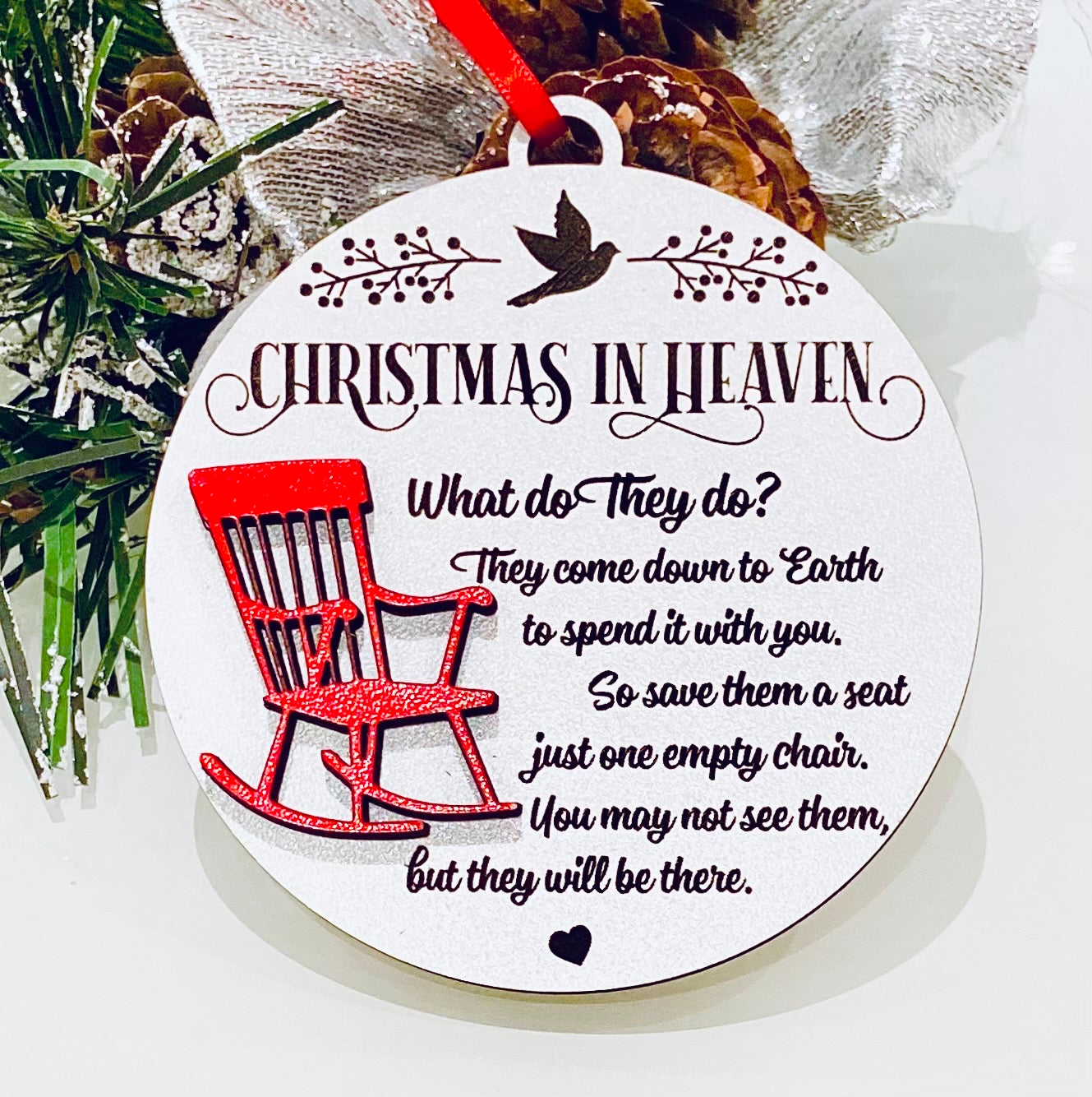 Memorial 'Christmas in Heaven' Wood Ornament with Red Chair