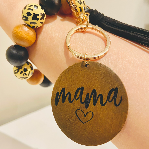 Wooden beads bracelets with engraved charm and tassel